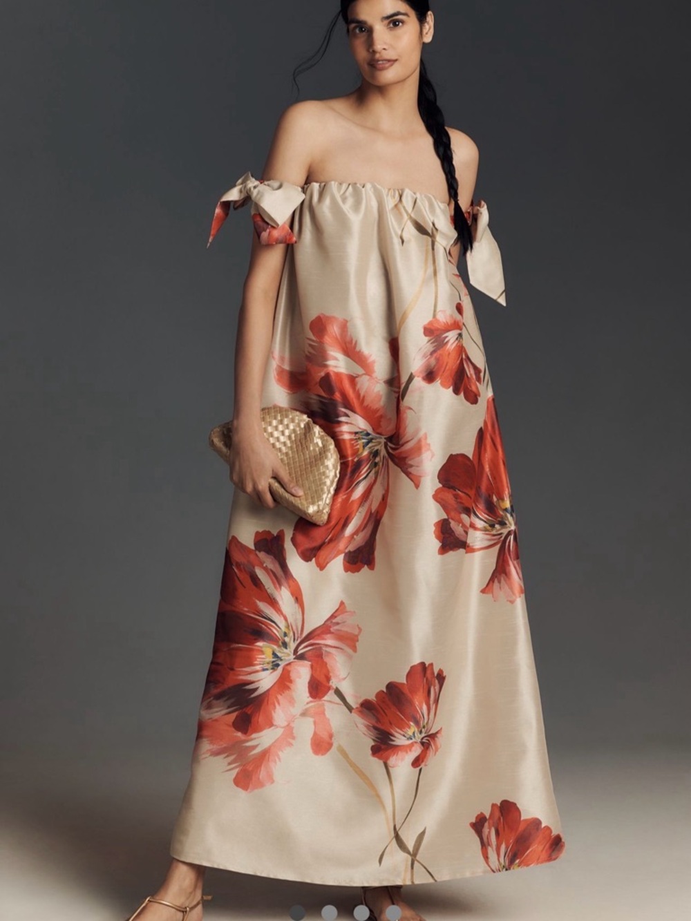 Hutch Beige Off-Shoulder Maxi Dress with Red Floral Print